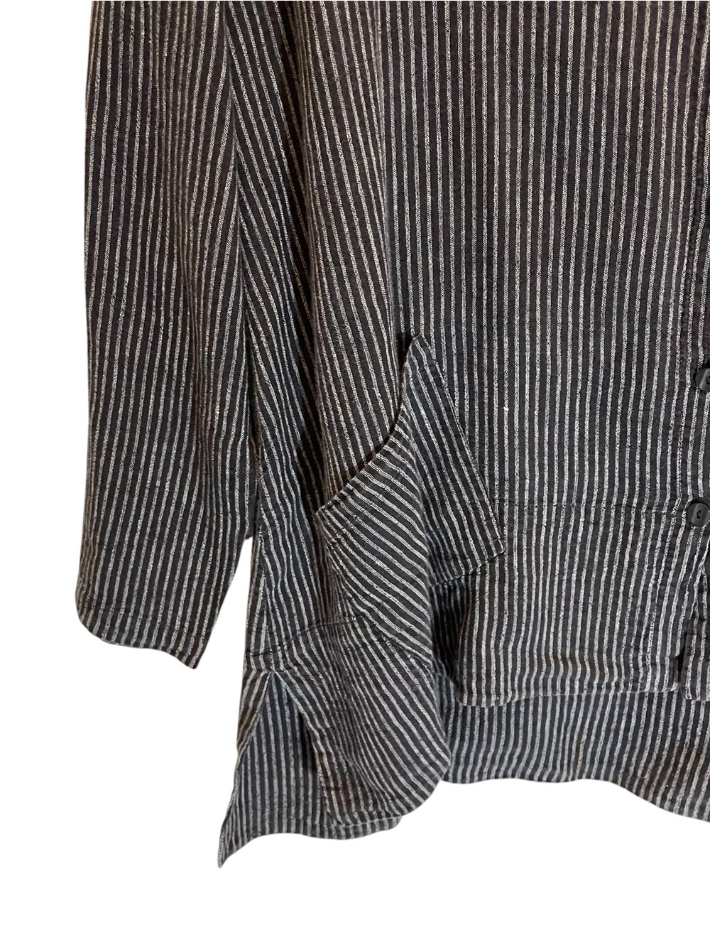 FLAX Linen Jacket Tunic Black Charcoal Pin Striped Button Front Size L Lagenlook - Picture 3 of 9